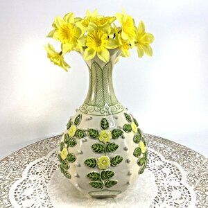 Anthropologie Vase Applied Flowers Blooms Yellow Green Leaf Vine Scroll Hexagon